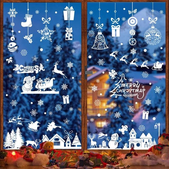 Decorazioni per finestra autoadesive per Natale - 12 fogli Bianchi, neve, Babbo Natale, renna - decorazione natalizia