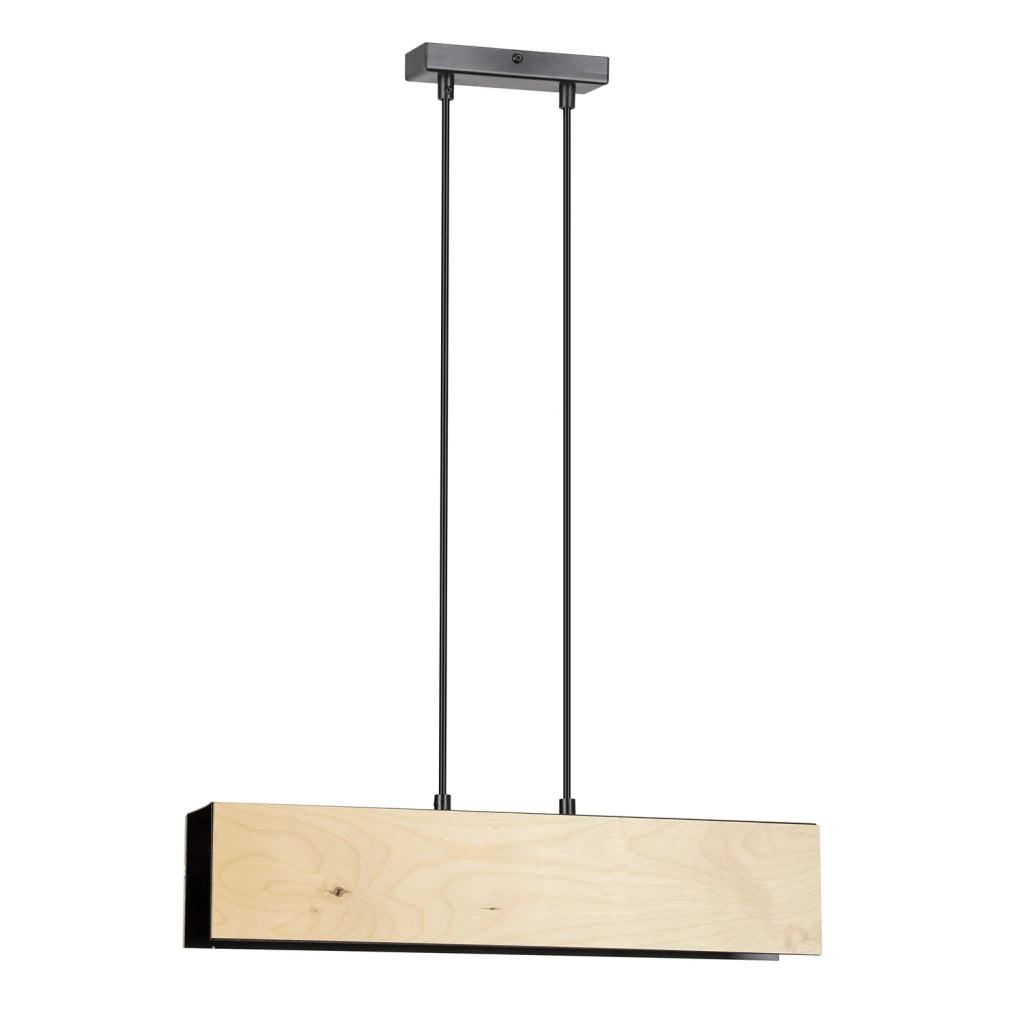 Lampadario 2 Luci Merlino In Acciaio Nero Corpo Rettangolare E Legno Naturale