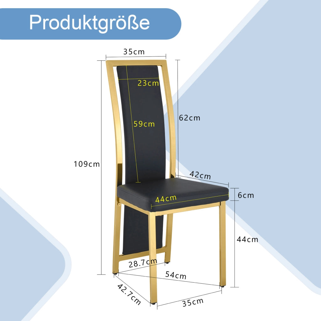 Set di 4 sedie da pranzo moderne con bordo dorato; 109 cm; in PU nero e metallo dorato