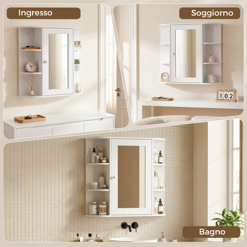 Mobile Bagno a Parete con Specchio ¨C Xylo ¨C 6 Ripiani Aperti 2 Chiusi Bianco 66x17x63 cm