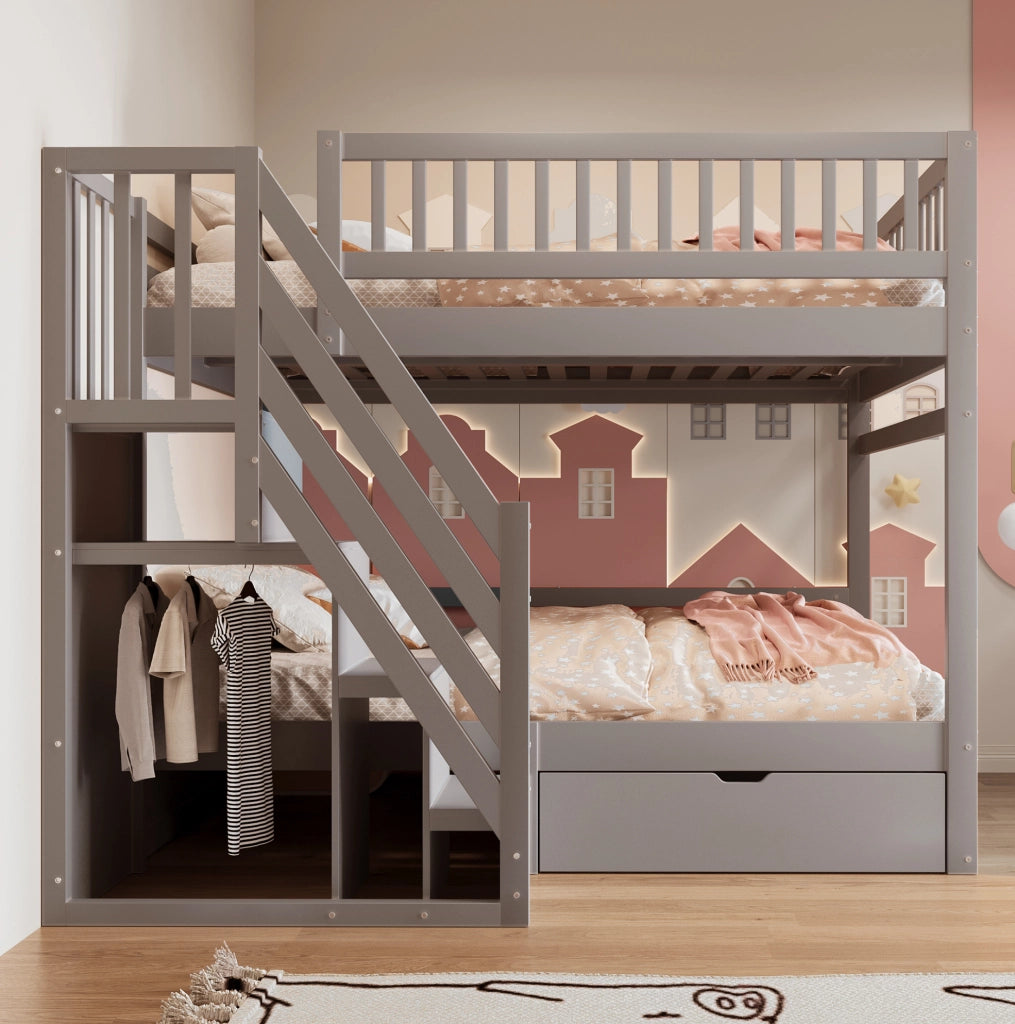 Letto a castello in legno massello 140x200 cm grigio con scala contenitore e cassetti