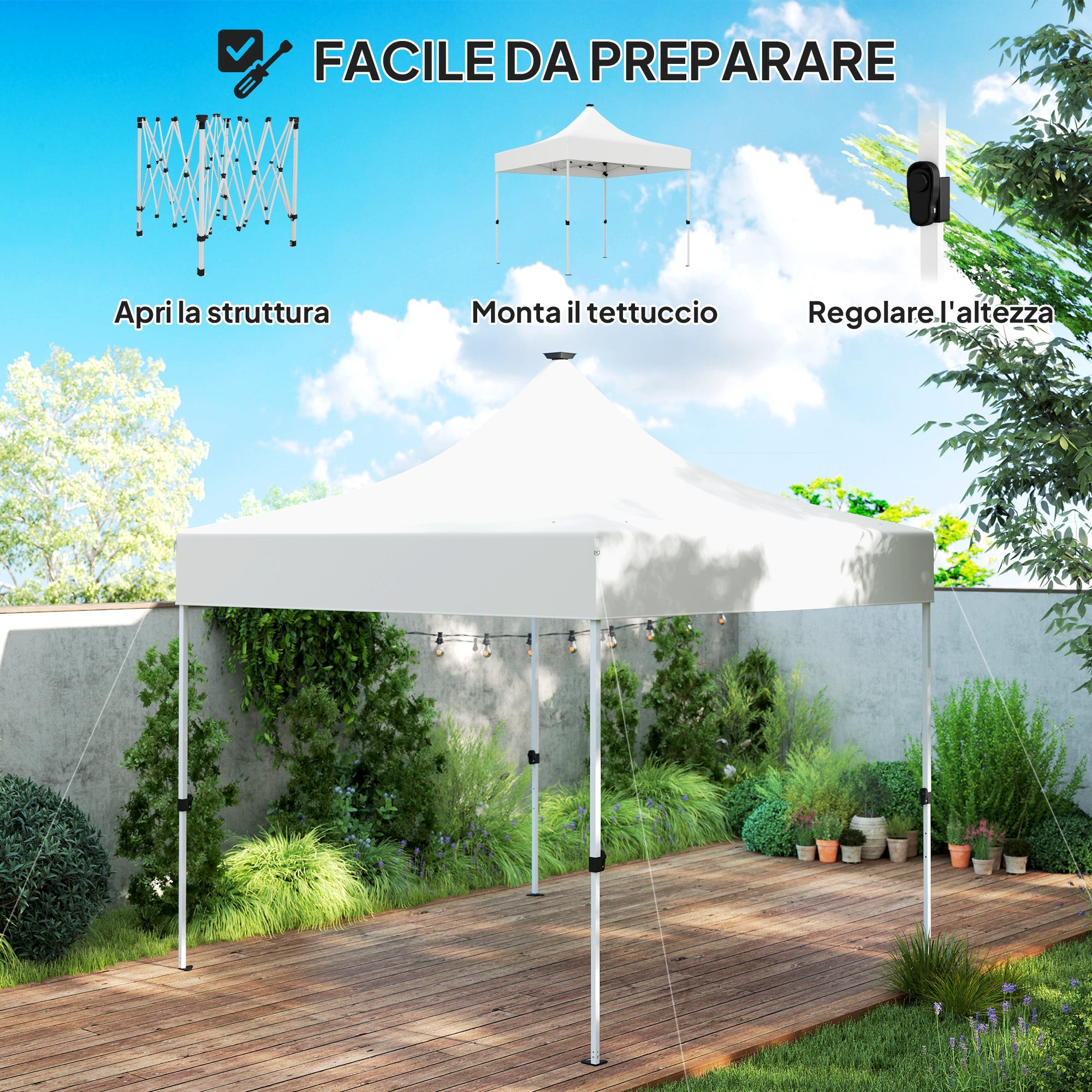 Gazebo da Giardino Pop Up 300x300x340 cm con Luci LED Solari e Altezza Regolabile Bianco