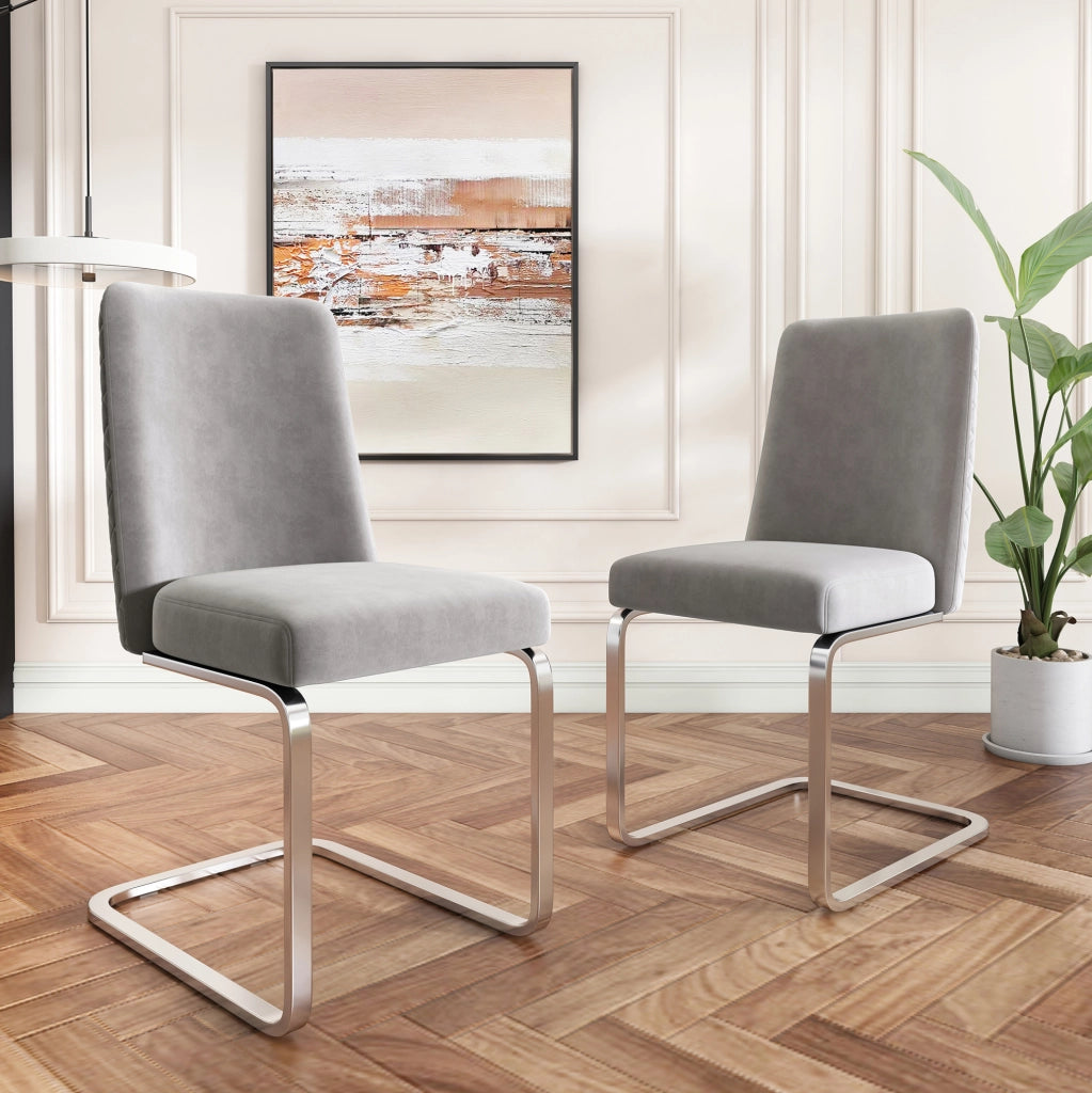 Set di 4 sedie da pranzo in velluto grigio con schienale a rombi e gambe argento