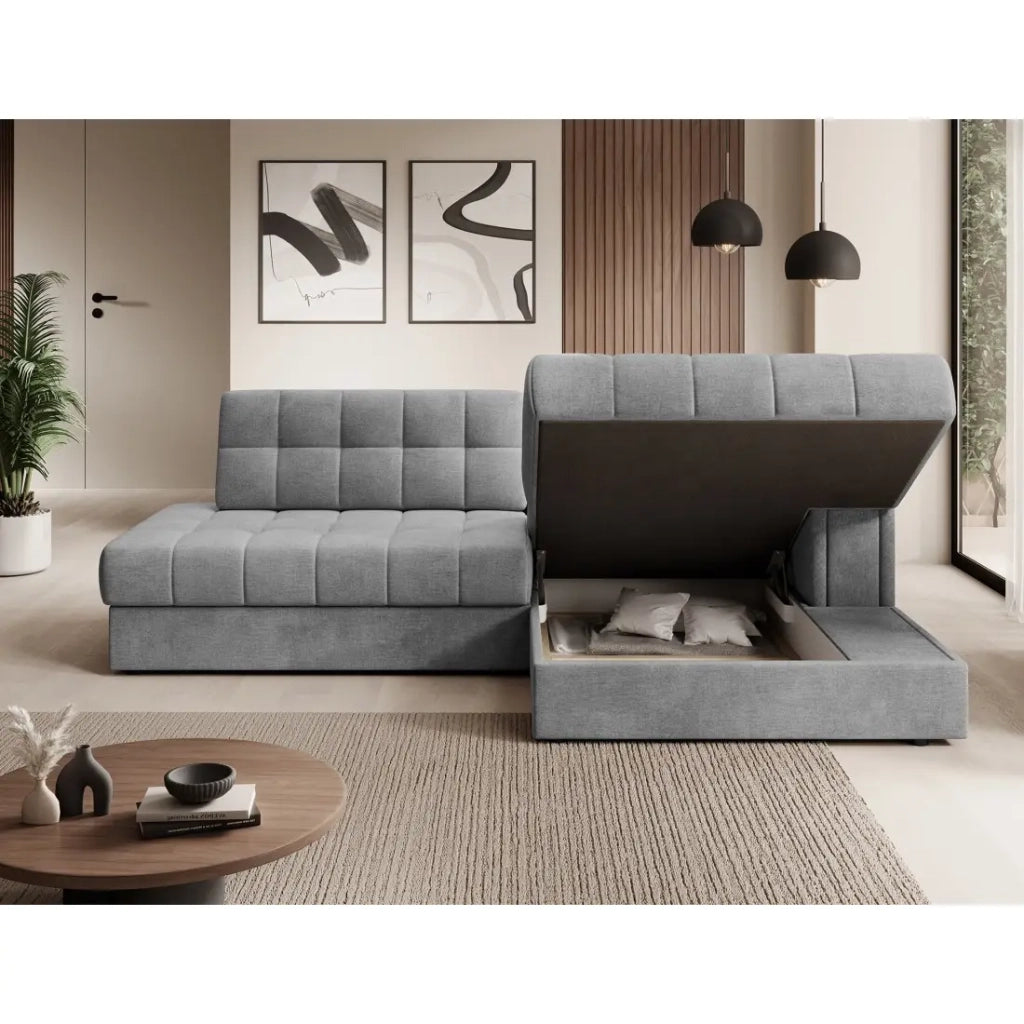 Divano angolare trasformabile CUBITO grigio 240 cm con contenitore e letto