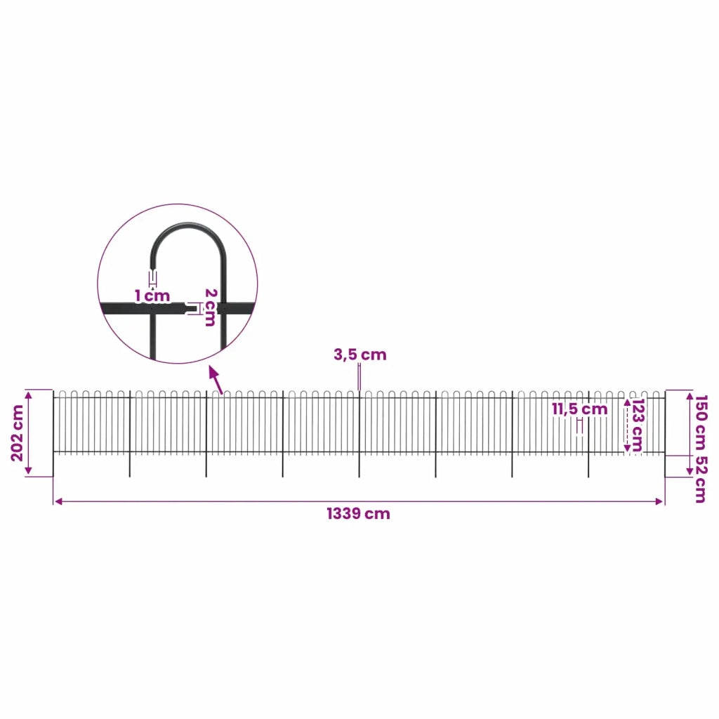 Recinzione da Giardino con Parte Superiore ad Anello in Acciaio 1339x150 cm Nera 277681