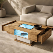 Tavolino da salotto con LED controllabile da app; piano in vetro; 110;2x60x39;7 cm; bianco e legno