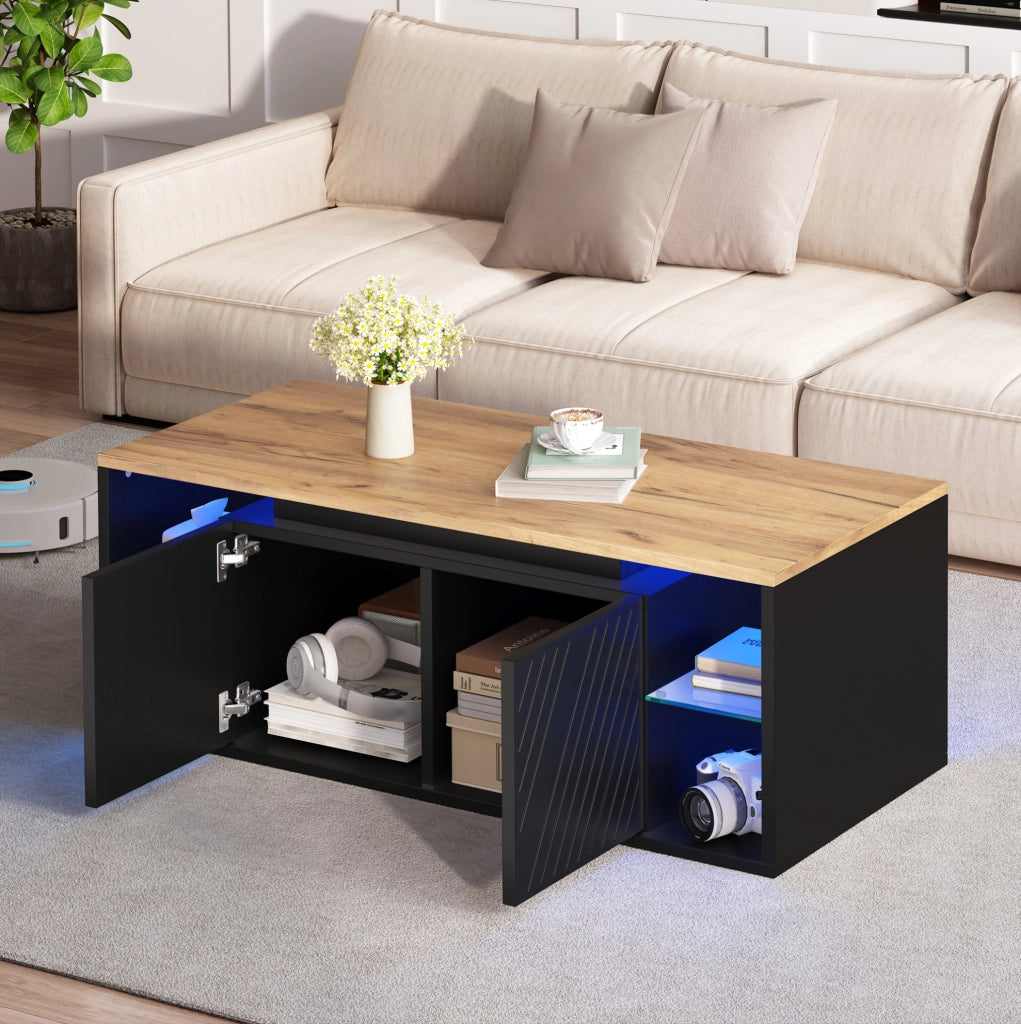 Tavolino da caffè con LED e 2 ante; 100 × 50 × 41 cm; pannello truciolare; nero