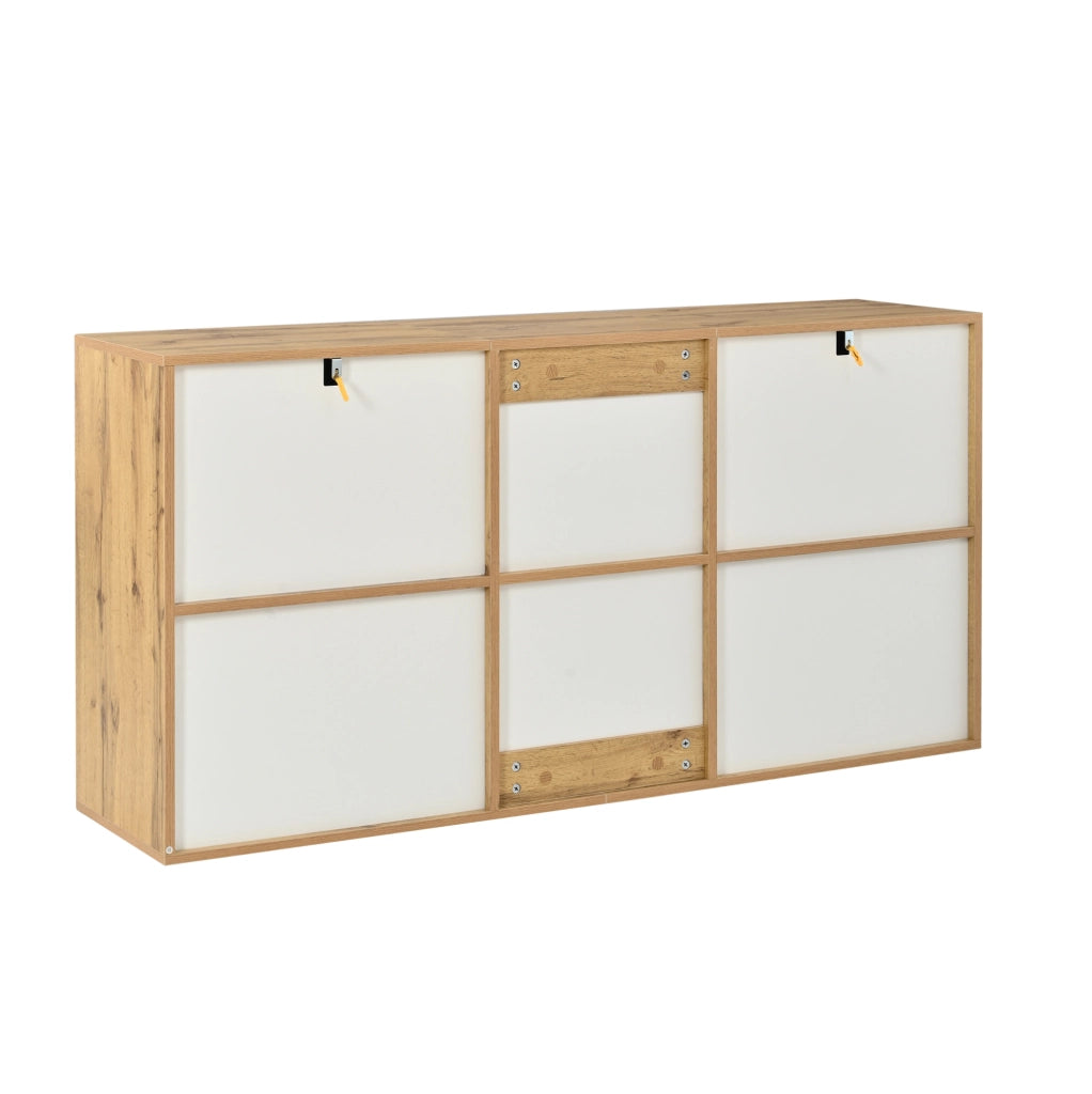 Madia moderna 140×35×71 cm con 3 ante bianche lucide e struttura in legno naturale, 6 scomparti, capacità fino a 60 kg