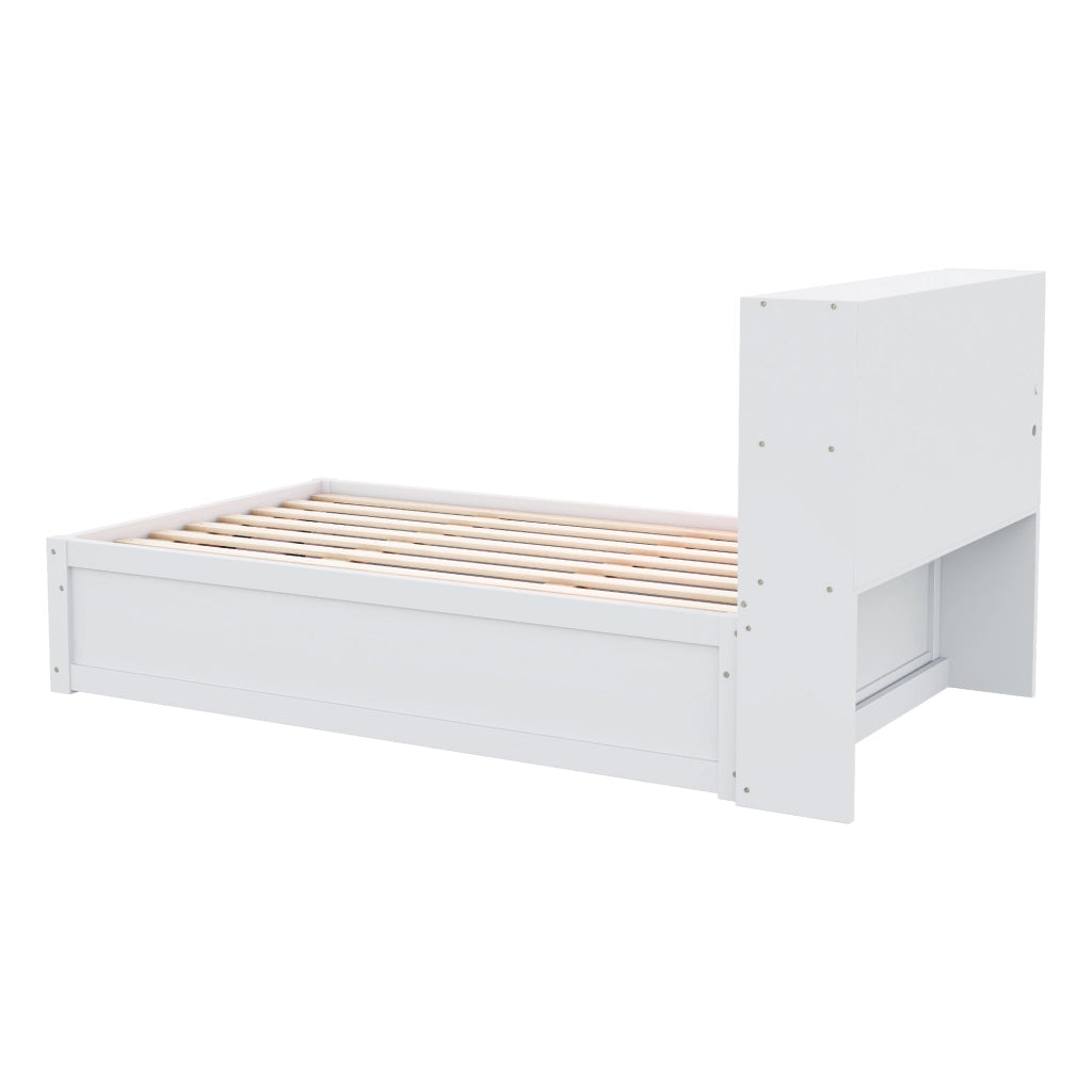 OKWISH Letto a divano 90×200 cm, Letto Singolo con Multipresa, 4 Vani Portaoggetti e LED, senza Materasso, in Legno, Bianco