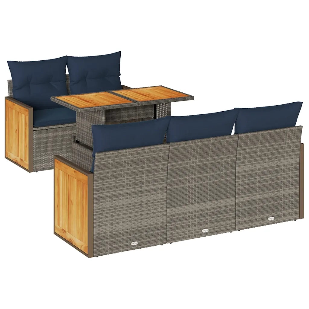 Set Divano da Giardino 6pz con Cuscini Grigio Polyrattan Acacia
