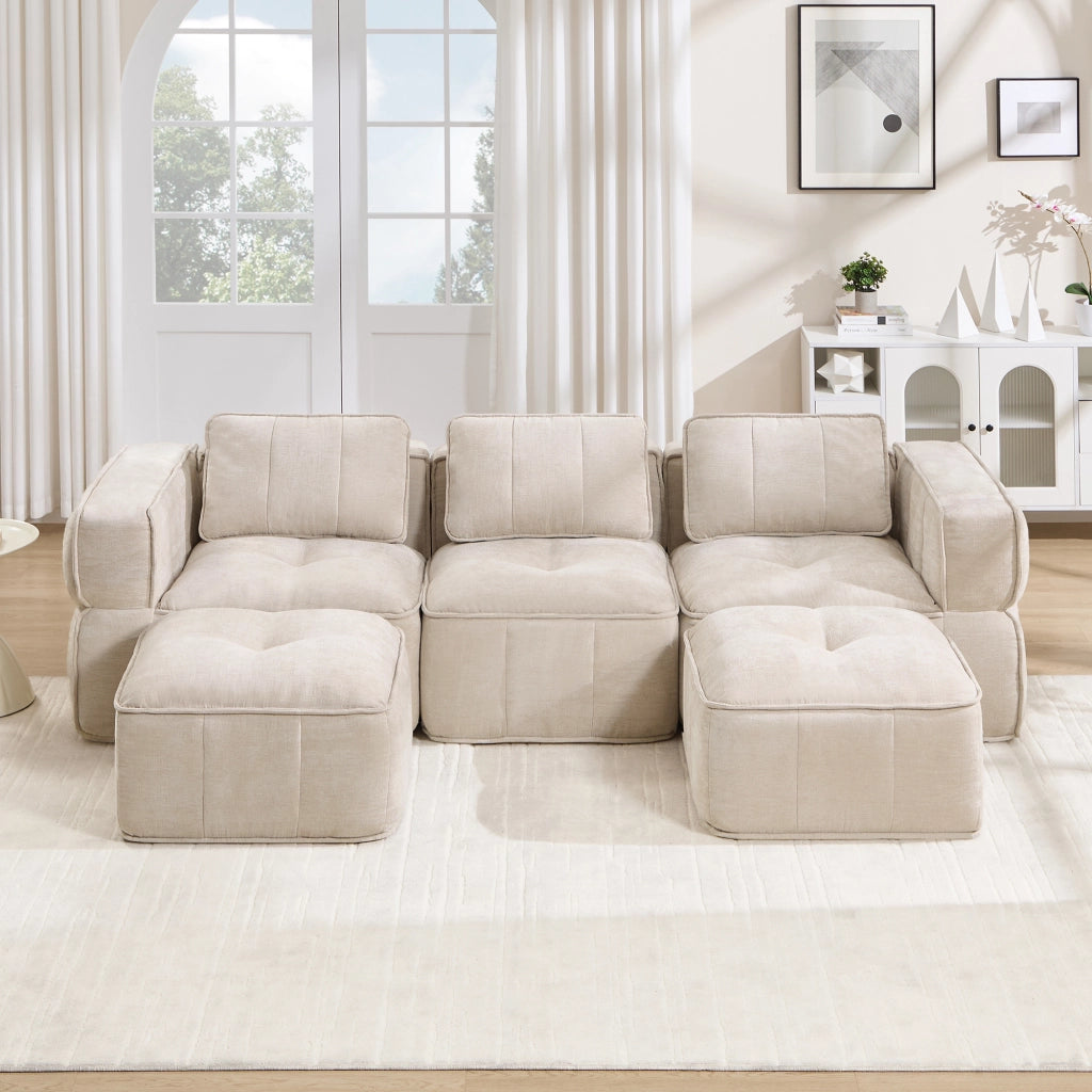Divano modulare con seduta profonda, pouf e design senza struttura in poliestere beige 271 × 162 × 67 cm