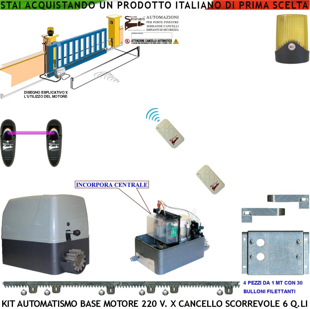 AUTOMATISMO CANCELLO SCORREVOLE KIT MOTORE 220 V 250 W TRAINA 6 QUINTALI 2 RADIOCOMANDI 4 METRI CREMAGLIERA FOTOCELLULE