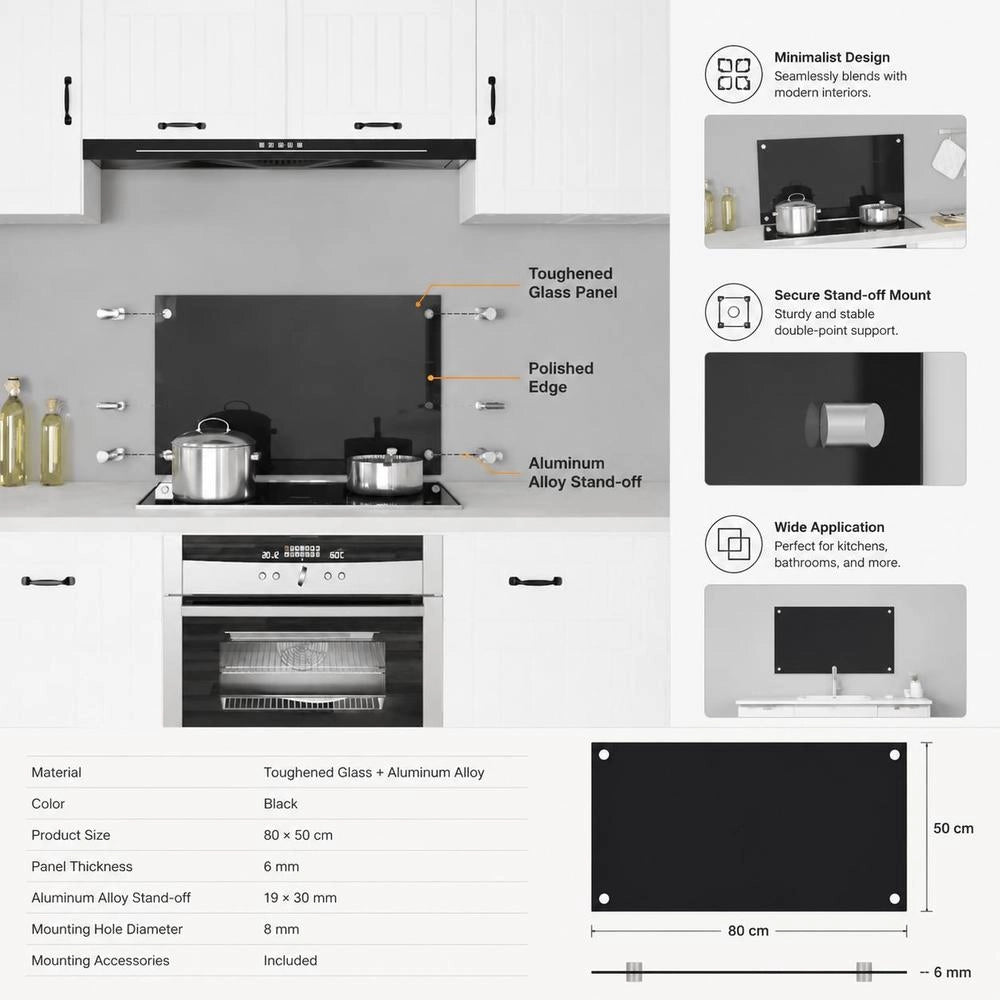 Kitchen Backsplash Black 80x40 Cm Tempered Glass