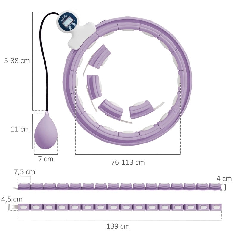 Hula Hoop intelligente con contatore e peso, 16 segmenti regolabili, diametro 44,3 cm, viola