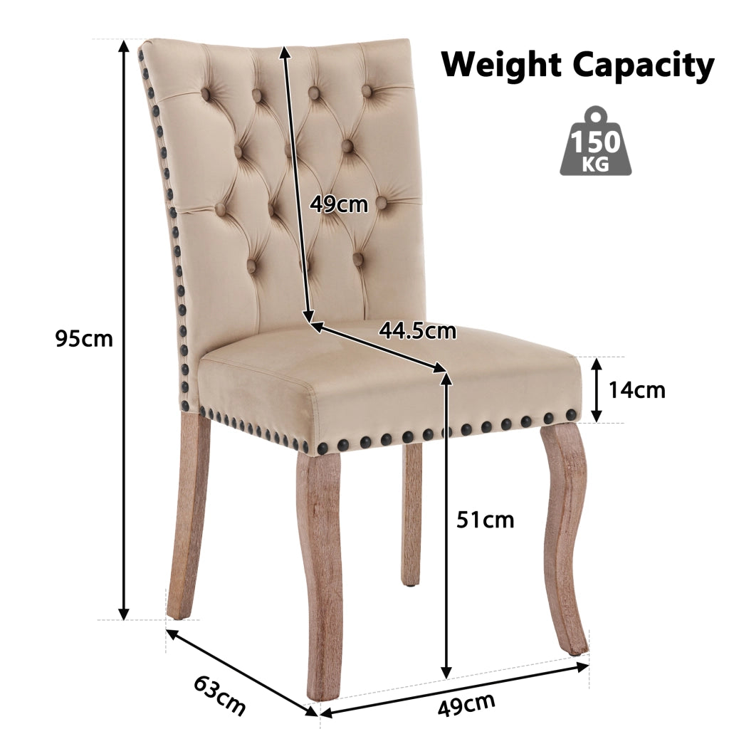Sedia da pranzo in velluto con borchie decorative e anello cromato, Legno massiccio, Beige chiaro