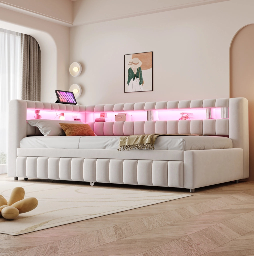 Divano letto estraibile 90x200 cm con LED, USB e vani integrati beige