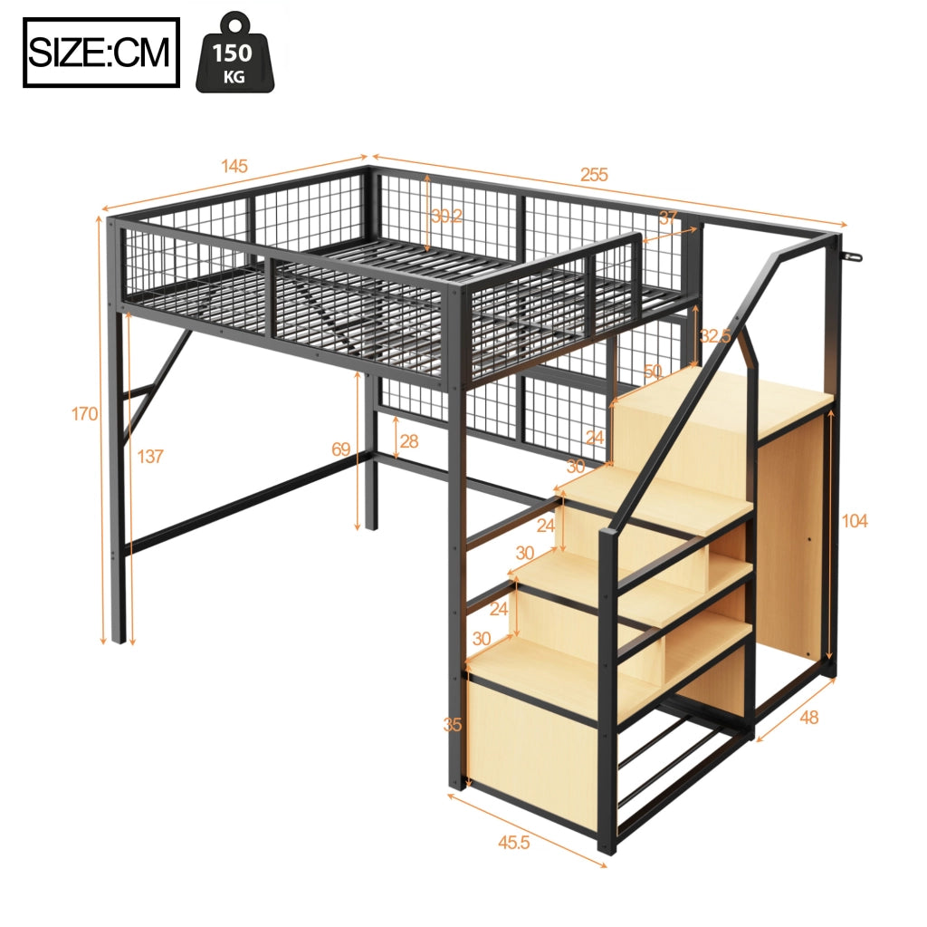 Letto a soppalco 140x200 cm in metallo con LED e scala