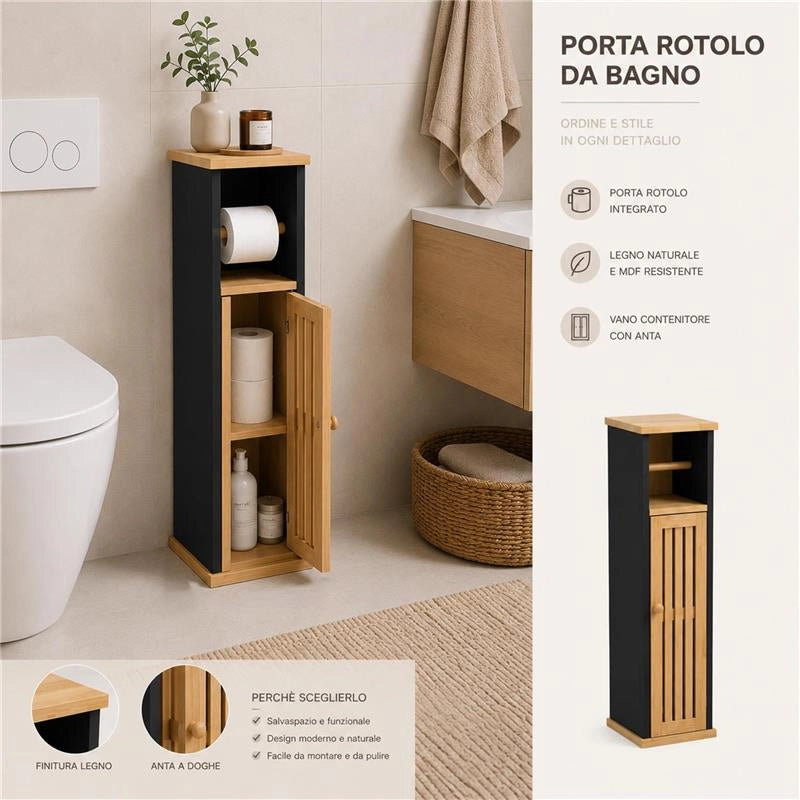 MOBILE PORTA CARTAIGENICA IN MDF NERO CON ANTA IN BAMBOO MISURE: 18X18X75 CM