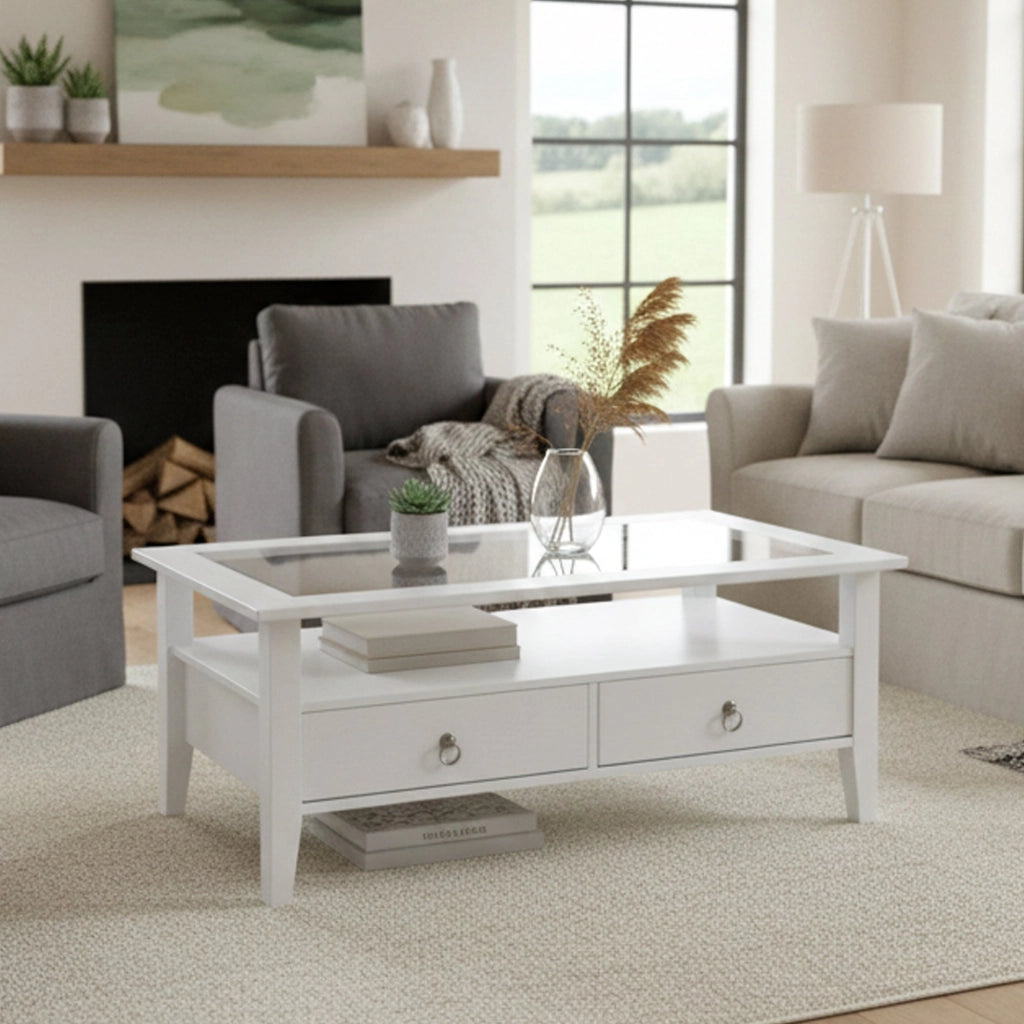 Minturno, Tavolino da Salotto 2 Cassetti, 115x60x45h cm Bianco