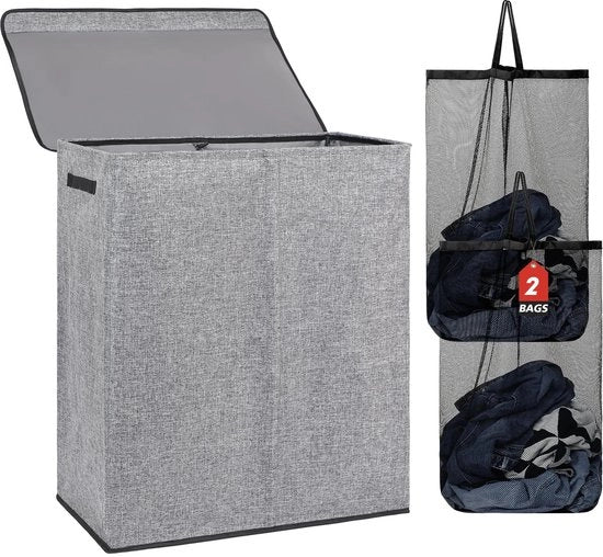 Doppio contenitore per bucato 150L con coperchio e sacchetti lavanderia rimovibili, grande contenitore per bucato pieghevole con 2 compartimenti per camera da letto, bagno, area lavanderia, università (grigio)