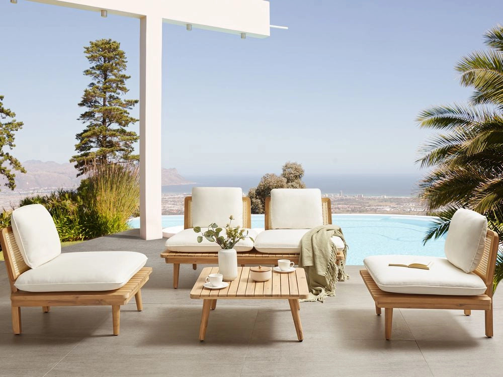 Set da giardino 5 pezzi Legno chiaro con cuscini beige chiaro Divano Poltrona Tavolino 4 posti Set da conversazione Boho