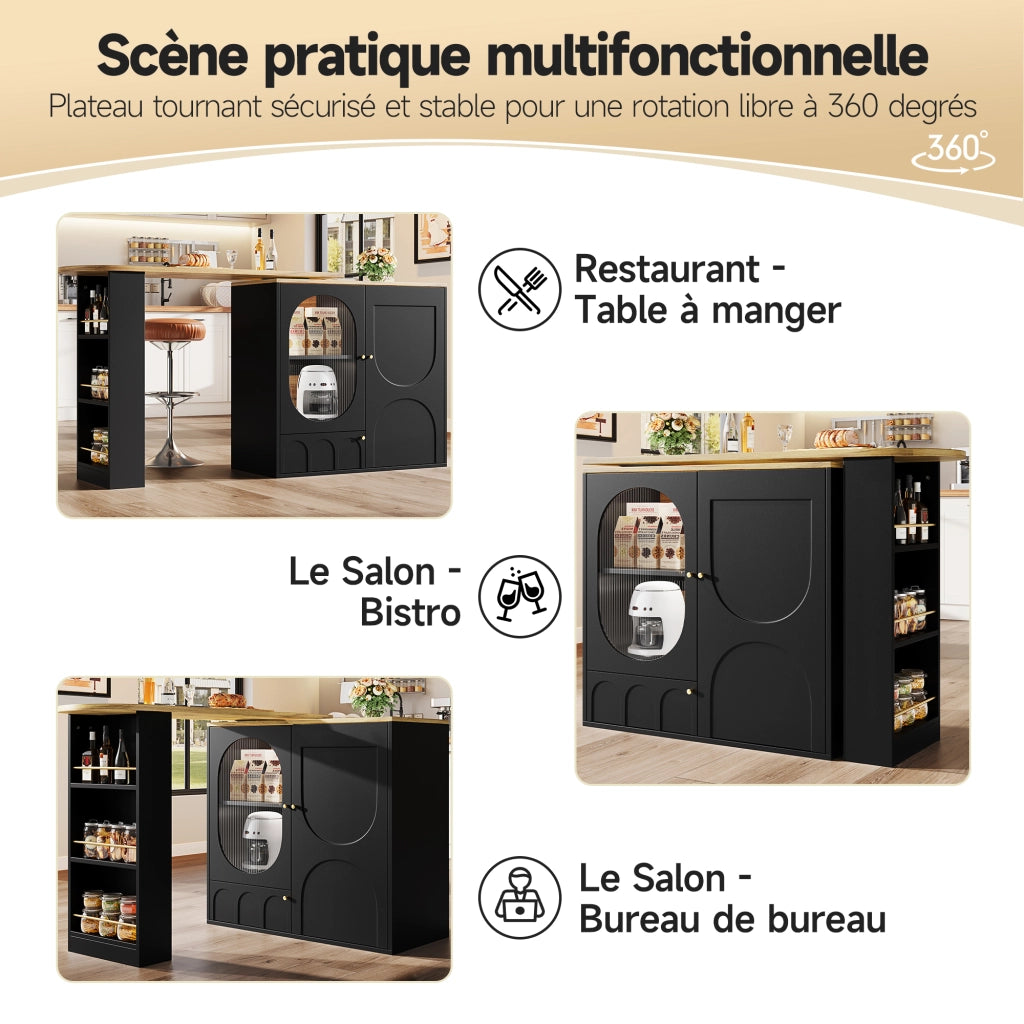 Carrello da Cucina con 3 Ante e Piano Girevole a 360°; Portasciugamani e Portaspezie; in MDF e Metallo; Nero; 138x39x105 cm