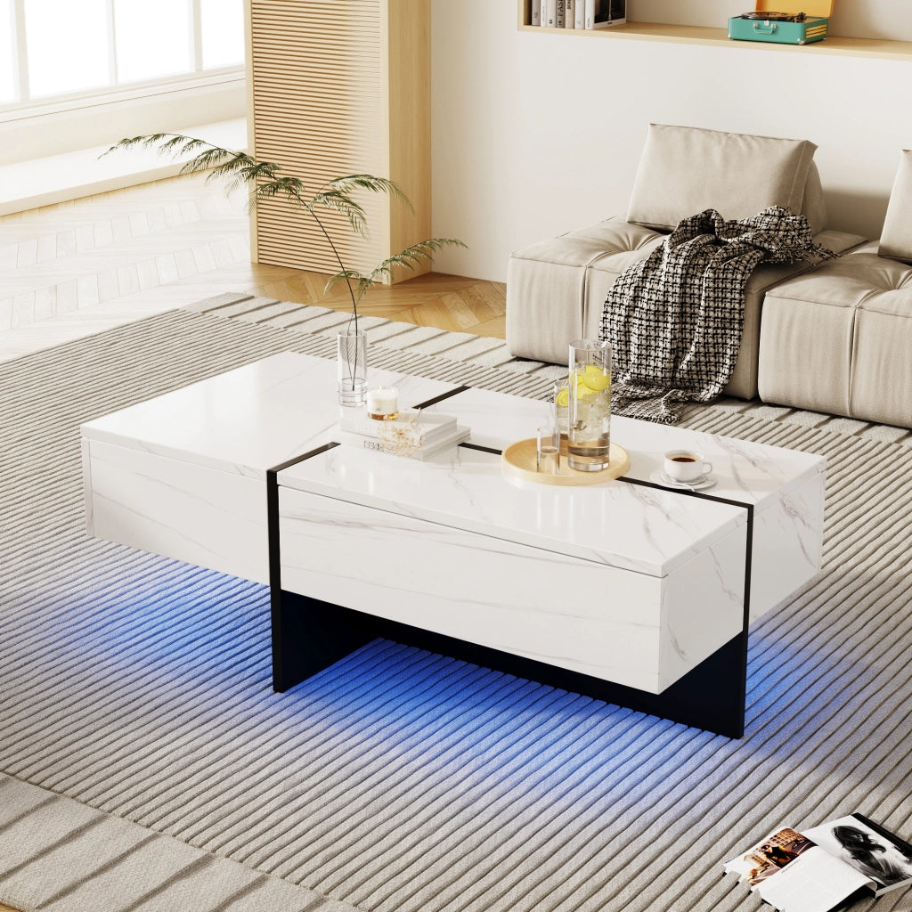 OKWISH Tavolino da Salotto Effetto Marmo Lucido con 3 Cassetti e LED controllato tramite applicazione, 100×50×34,5 cm