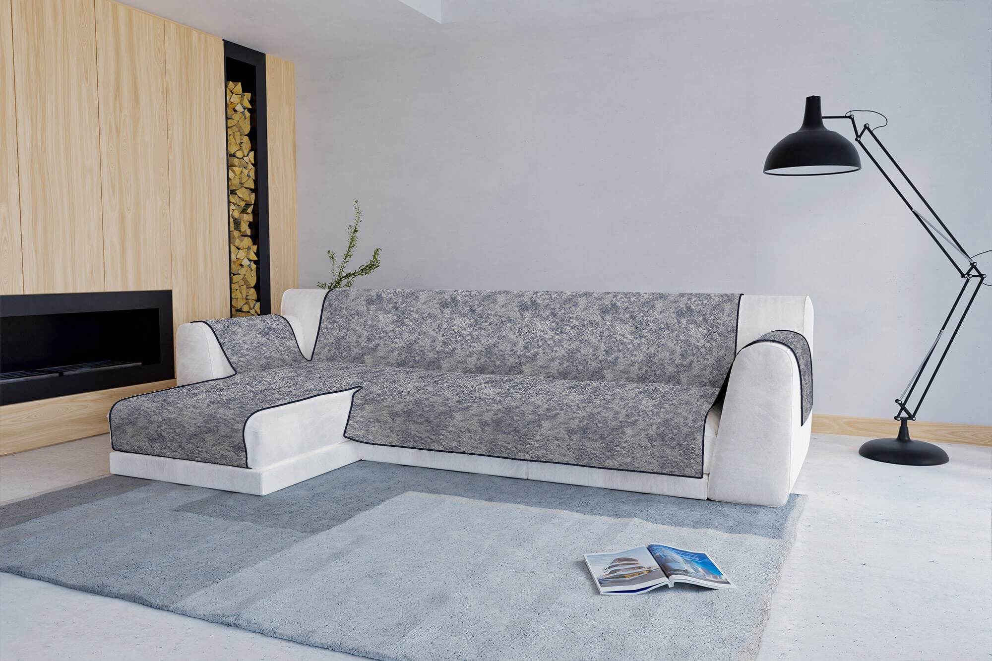 Copridivano con Penisola Sinistra Seduta 240 cm in Poliestere e Cotone Blu Scuro