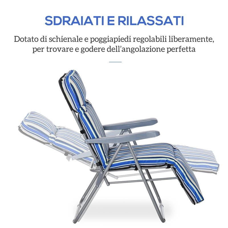 SET 2 SDRAIO PIEGHEVOLI CON SCHIENALE REGOLABILE A 5 LIVELLI, IN ACCIAIO E POLIESTERE, 60X75X102 CM, BLU E CREMA