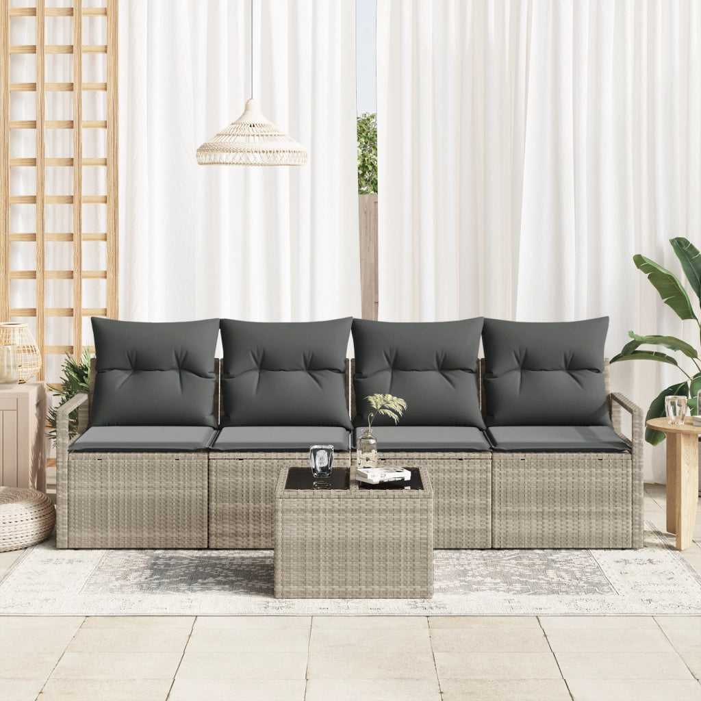 Set Divano da Giardino  da 5 Pezzi con Cuscini Grigio Chiaro Polyrattan