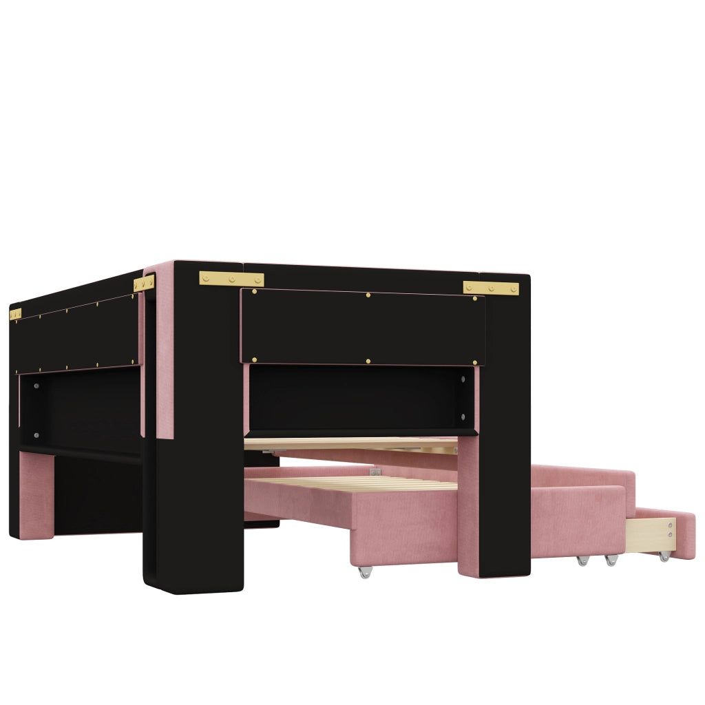 Letto imbottito rosa 90x200 con LED a 7 colori; USB e letto estraibile