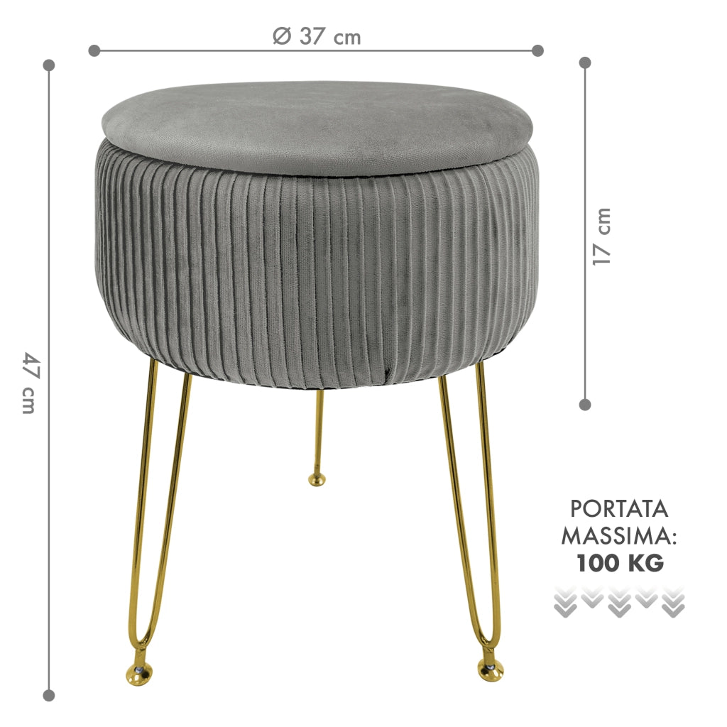 Pouf Rotondo In Velluto Con Contenitore Portaoggetti Sgabello Toeletta Trucco Tavolino Caffè Ripiano Legno Salotto Poggiapiedi Con Gambe Color Oro GrigioScuro