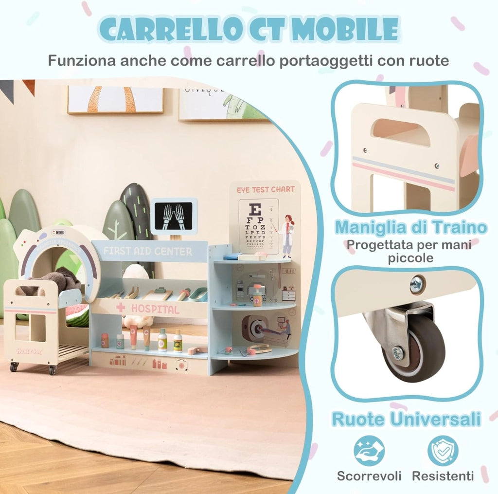 Set Gioco Dottore per Bambini, Medico Giocattolo in Legno con Tabella Oculistica, Macchinario CT e Radiografie, Gioco di Ruolo Medico Educativo con Accessori per Bambini 3+ Anni (Blu)