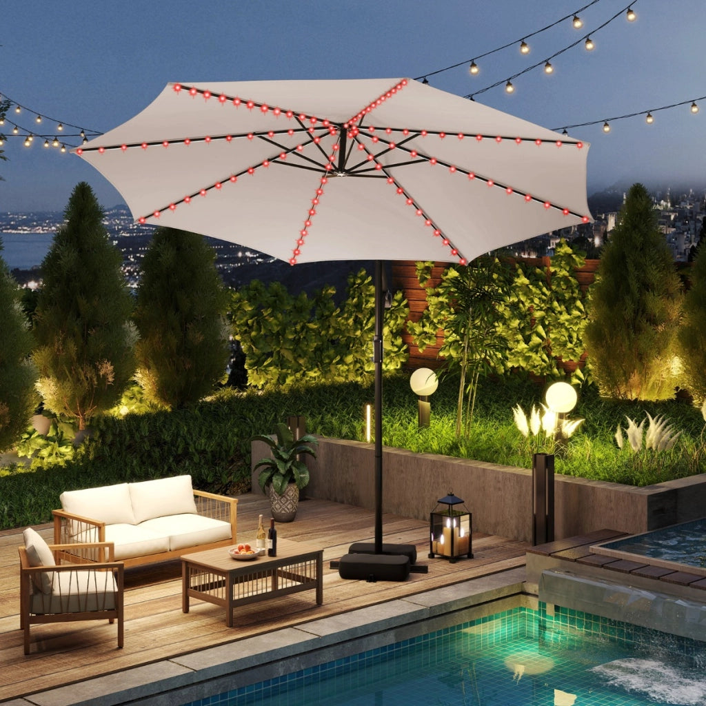 Ombrello a braccio con luci LED regolazione facile dell'inclinazione, Ombrello sospeso solare con base Beige-Ombrelloni
