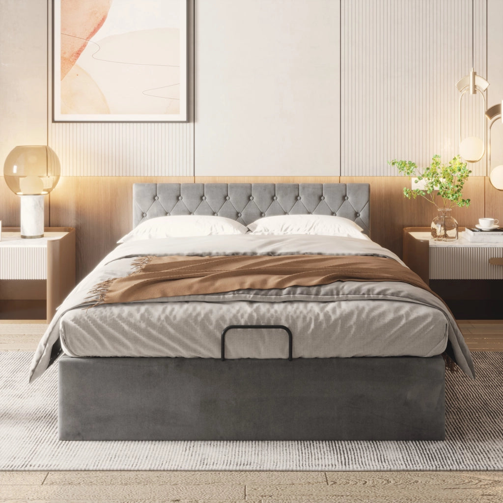 DESMIU Letto contenitore 140 × 200 cm 2 posti con contenitore idraulico, senza materasso, in velluto, grigio