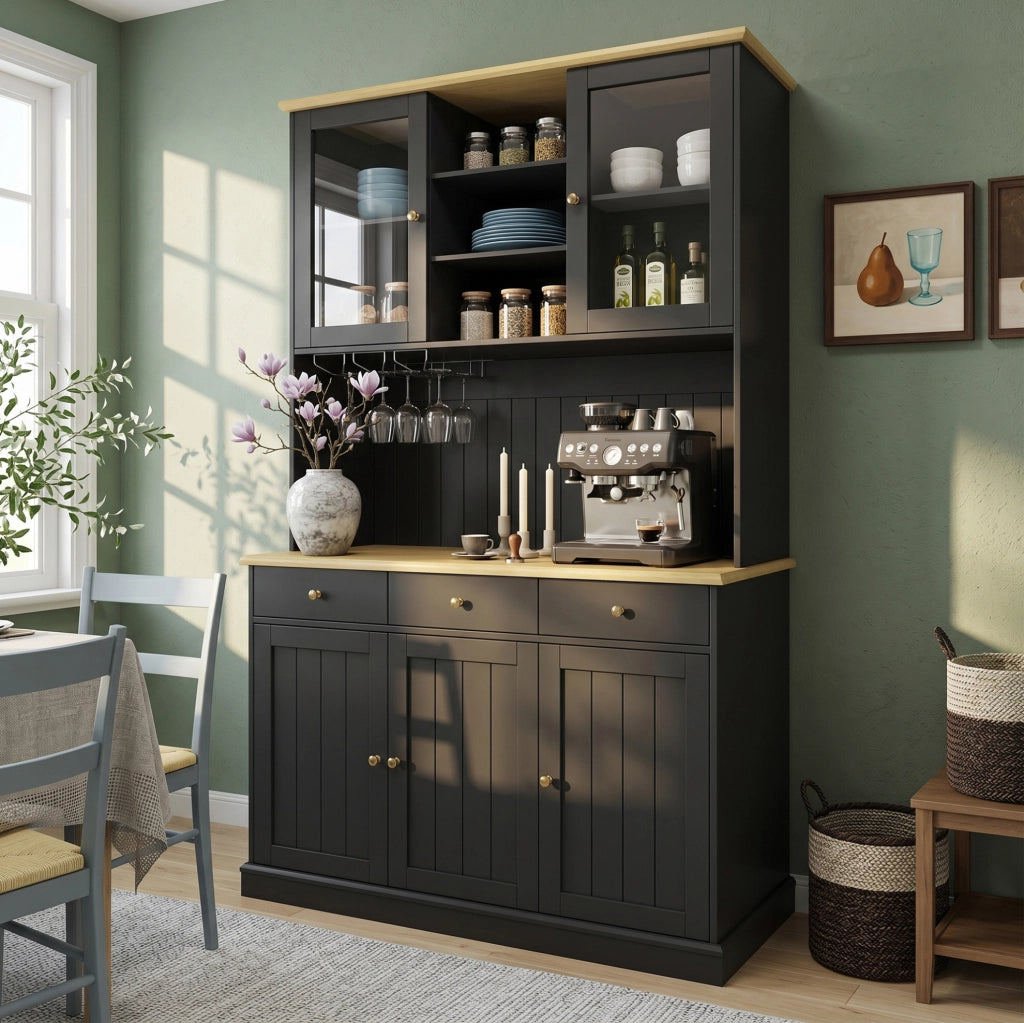 Credenza alta 120x40x191 cm con vetrine; portabicchieri e prese USB nera HOMVRA