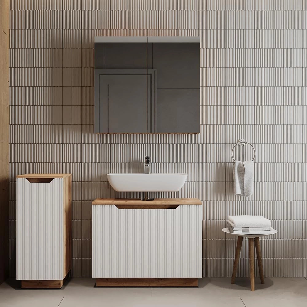 Set di mobili da bagno Lotta, Rovere/bianco a strisce, 3 parti