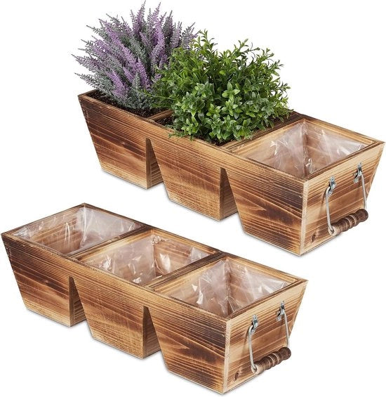 Cassa per piante in legno con copertura - 3 contenitori - forma allungata - cassa per balcone - stile vintage - natura - dimensioni: 125 x 435 x 175 cm