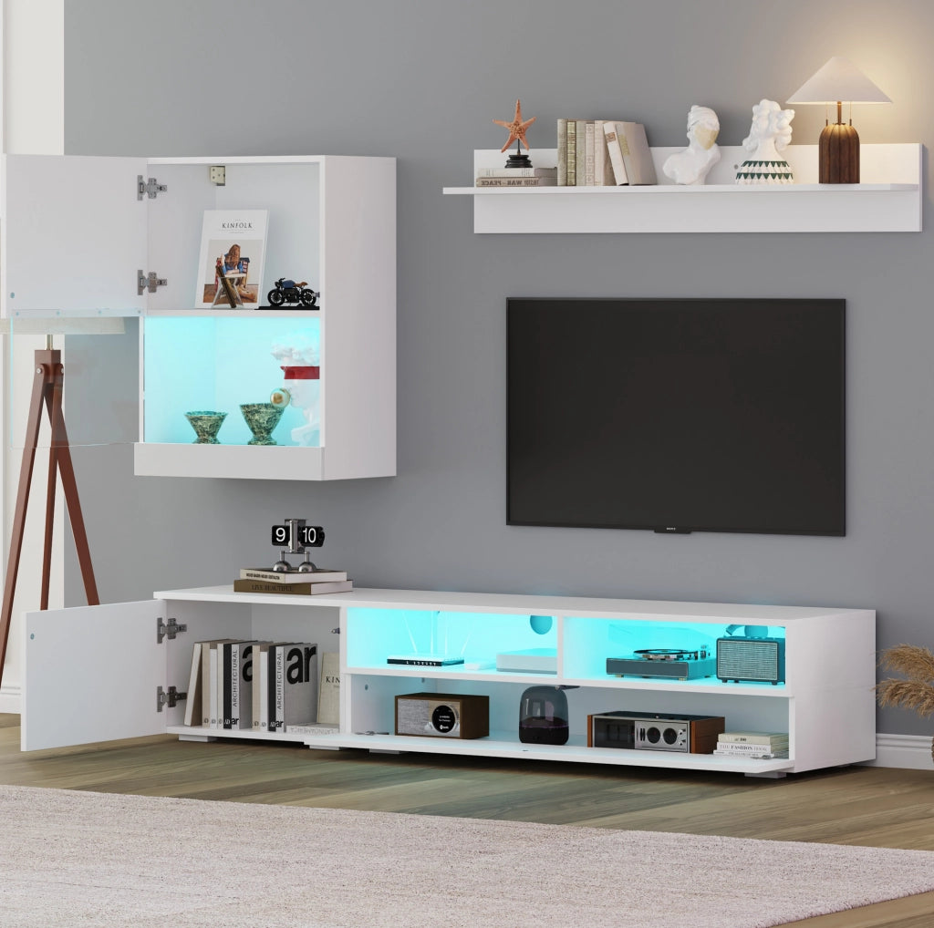 Parete attrezzata TV bianca 3 pezzi con LED, mobili TV 175 cm