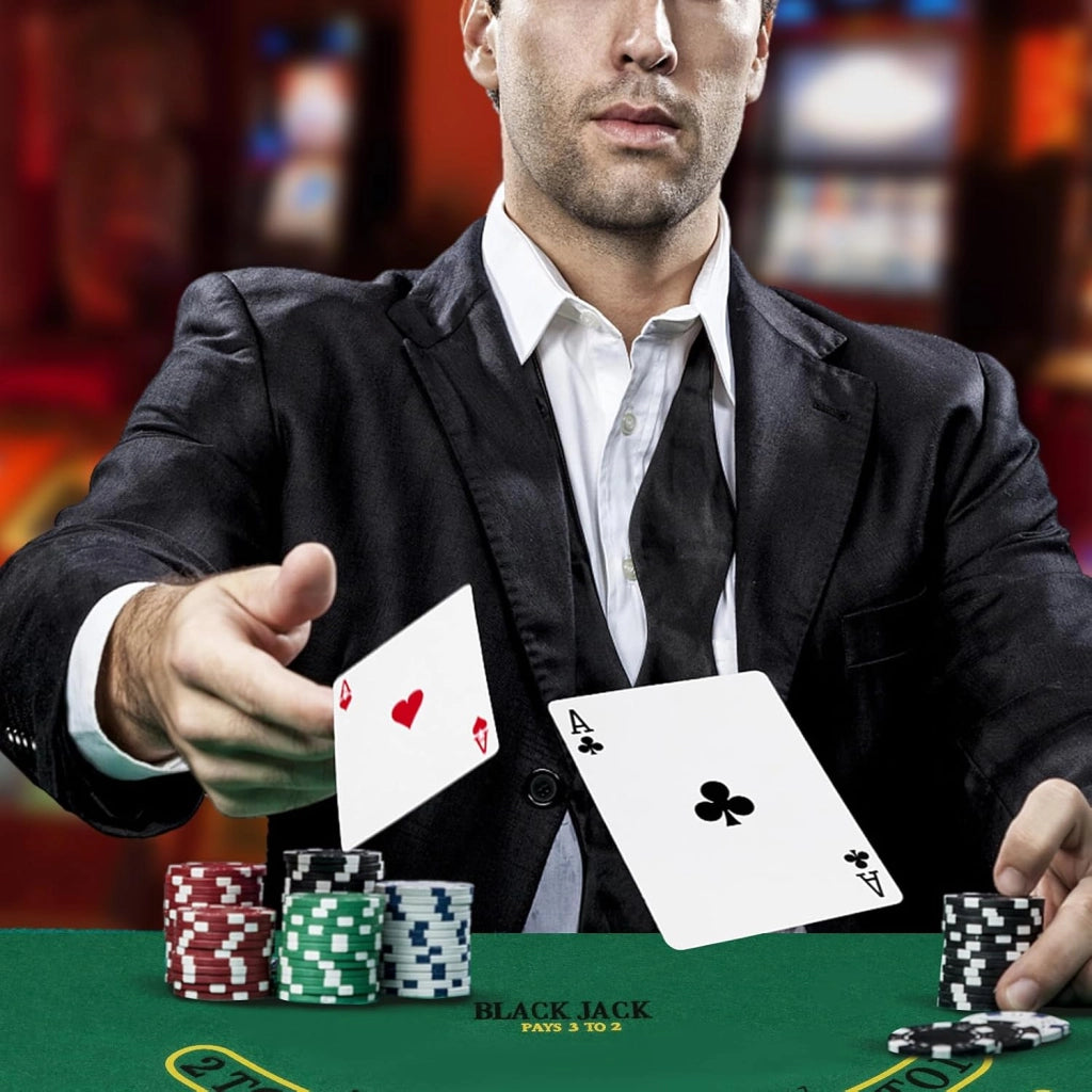 Set di Fiches da Poker con 300/600 Fiches, 2/6 Mazzi di Carte 5 Dadi Mescolatore Automatico di Carte e Tappeto, Scatola Portatile, Poker Chips per Party Viaggi e Feste (300 PCS)