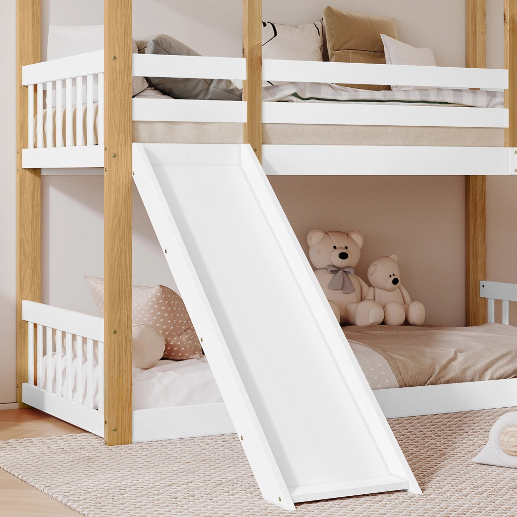 OKWISH Letto a Castello 90×200 cm, Letto Singolo con Scivolo, Scala 3 Gradini e Finestra, senza Materasso, in Legno, Bianco e Naturale