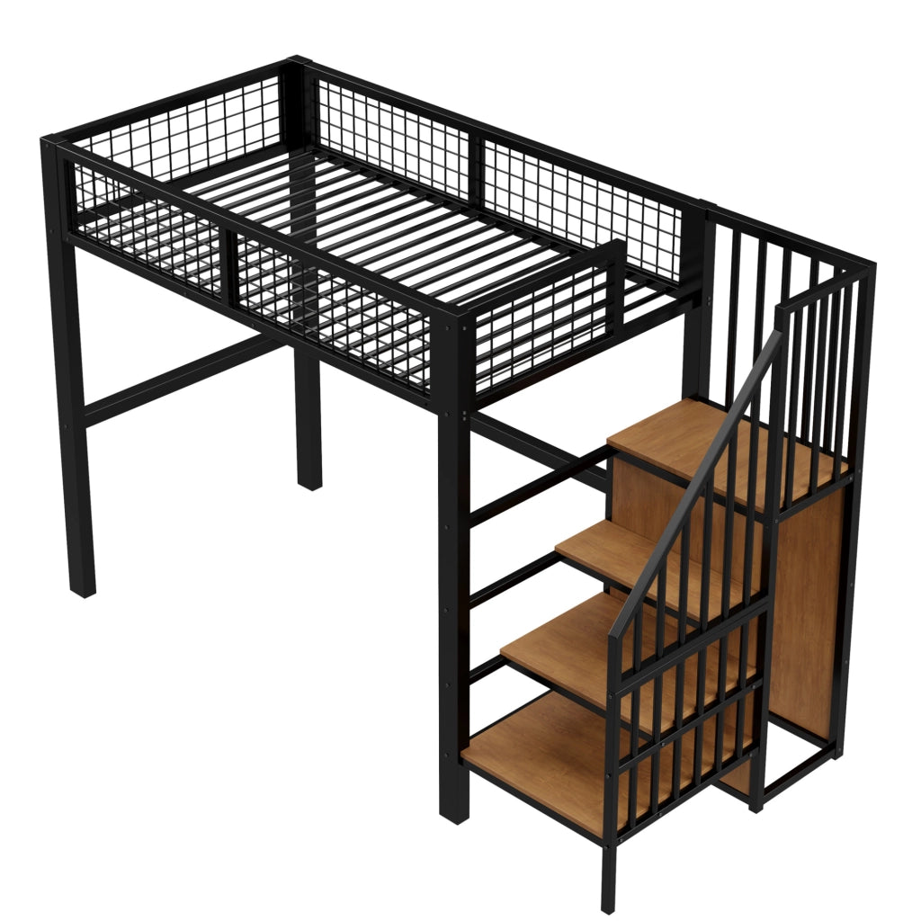 Letto a soppalco 90x200 cm con scala di sicurezza e armadio in metallo nero