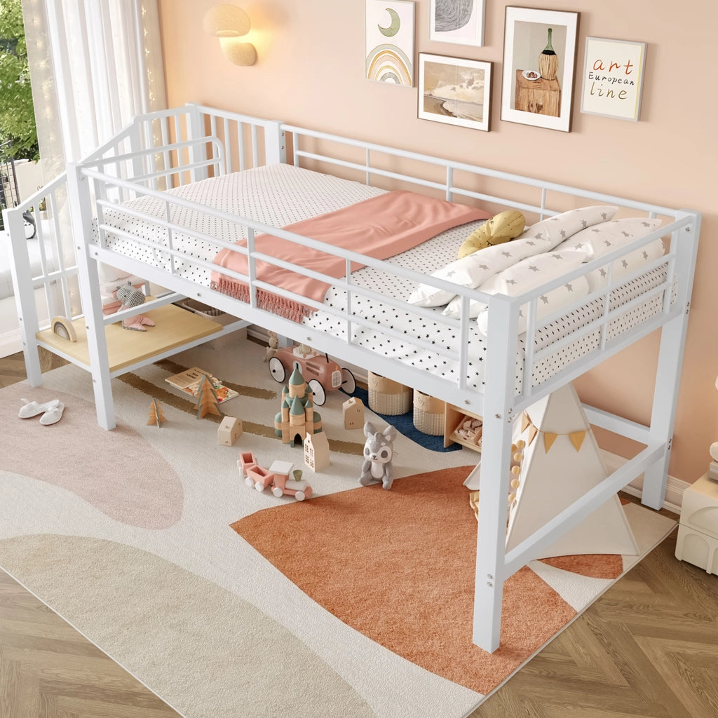 Letto a soppalco 90x200 cm bianco MDF e metallo con scala contenitore