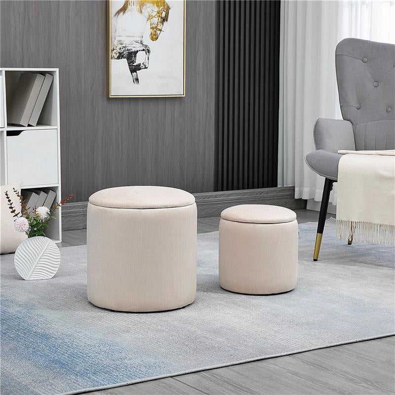 SET DI 2 POUF CONTENITORE SALVASPAZIO ROTONDI E IMBOTTITI IN VELLUTO A COSTE, BIANCO