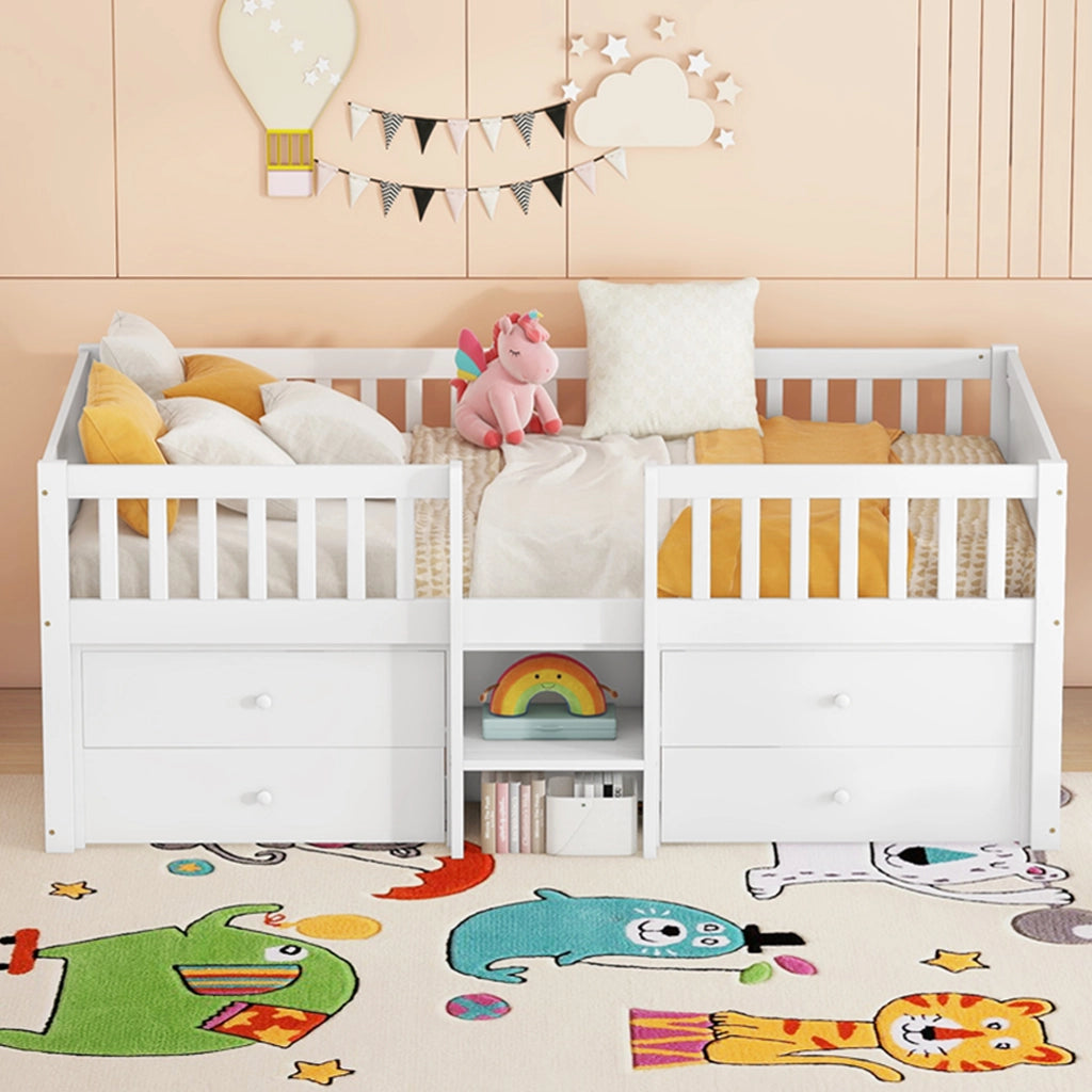 LETTO Semialto 90x200 cm con 4 cassetti scala e sponde in legno di pino bianco