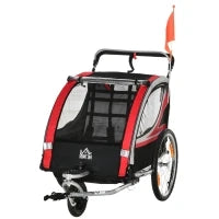 Rimorchio Bici per Bambini e Passeggino, Design 2 in 1 con Freno, Cintura a 5 Punti, Carrello Rimorchio per Bicicletta con Tasche Laterali, Catarifrangenti e Bandierina, Rosso