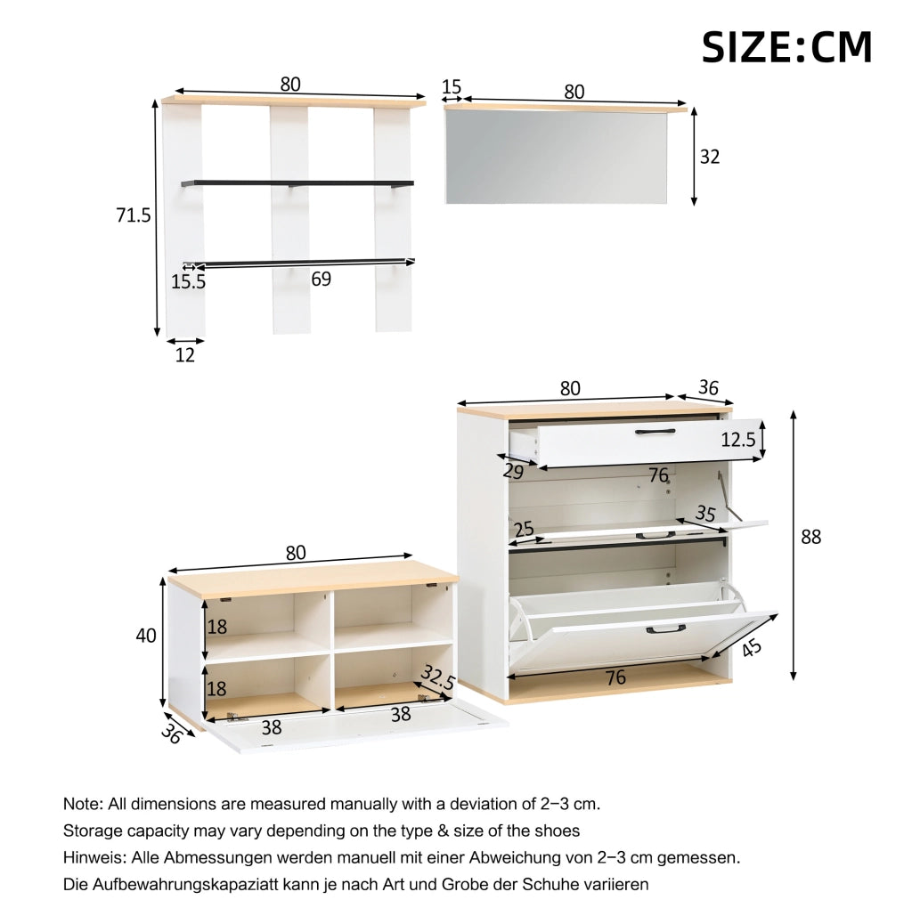 Mobile ingresso modulare 156x36x176 cm con scarpiera; specchio e appendiabiti; bianco e legno