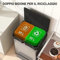Pattumiera a Pedale con 2 Scomparti da 30L, Coperchio Ammortizzato e Secchi Rimovibili, Acciaio Inox, Argento