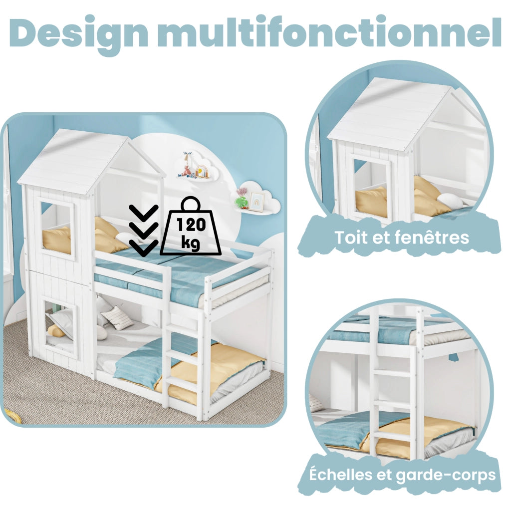 Letto a soppalco per bambini 90×200 cm con sponda di sicurezza e scala; senza materasso; in pino bianco