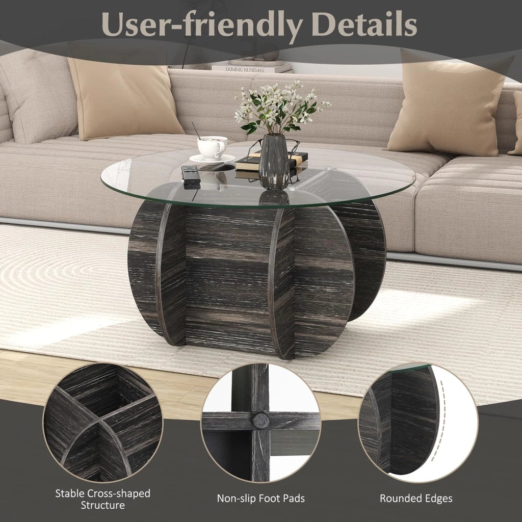 GIANETX Tavolino rotondo da caffè con piano in vetro temperato, telaio in legno incrociato, vano nascosto, mobile moderno per soggiorno, ufficio, 89 x 89 x 46 cm